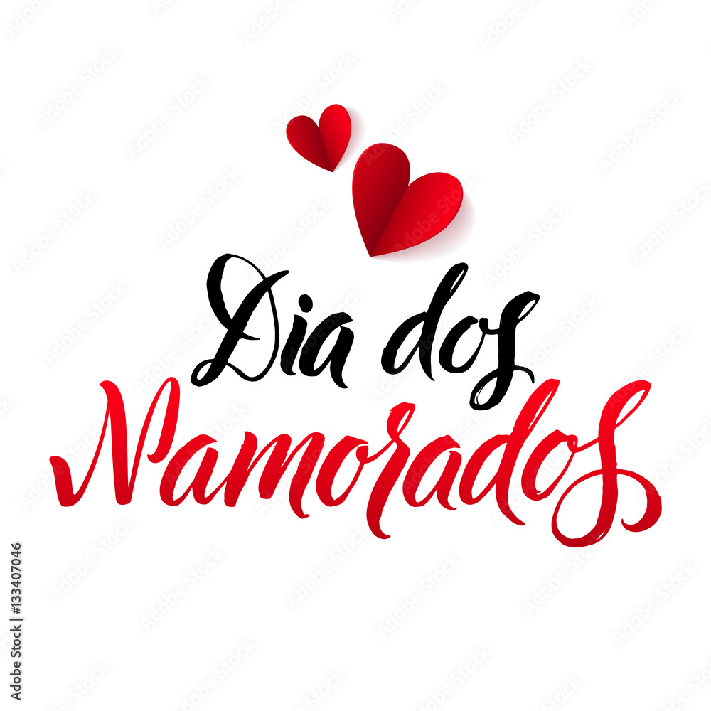 Happy Valentines Day. Portuguese Black and Red Lettering Greeting Card White Background. Hand Drawn Calligraphy. Lovely Poster.