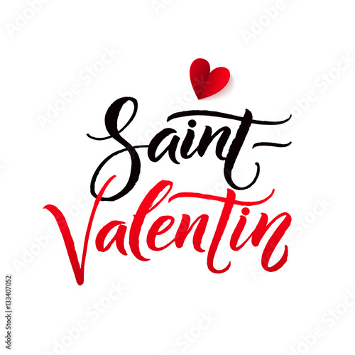 Happy Valentines Day Black and Red Lettering Greeting Card White Background. Hand Drawn Calligraphy. Lovely Poster