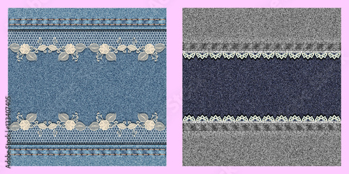 Set of two denim textured background with lace.