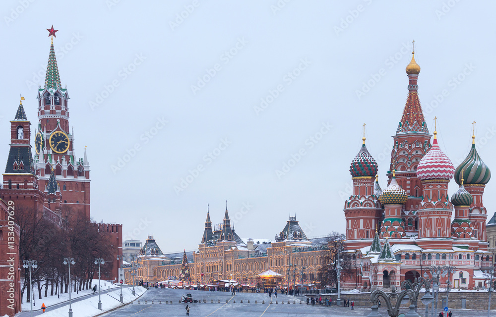 Russia, Moscow, Red Square. St. Basil's Cathedral with Spasskaya Tower and GUM Shopping Center on the back. Red Square view from the Bolshoy Moskvoretsky bridge