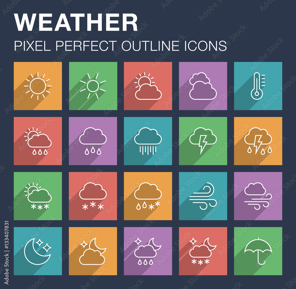 Set of pixel perfect outline weather icons with long shadow. Editable stroke.
