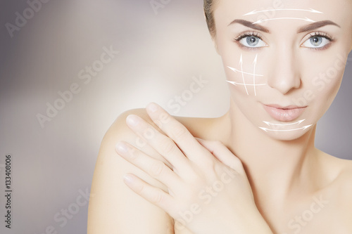 woman portrait with surgery marks and copy space for text
