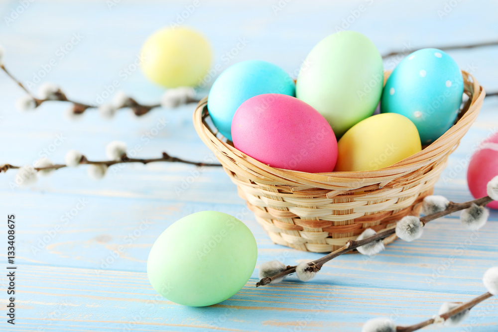 Easter eggs on a blue wooden table Easter eggs on a blue wooden table
