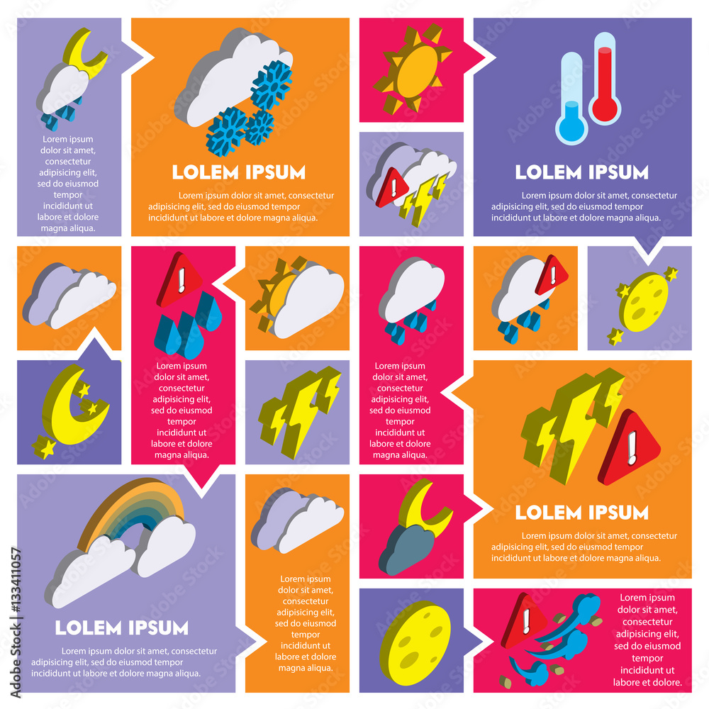 illustration of info graphic weather icons set concept in isometric 3d graphic