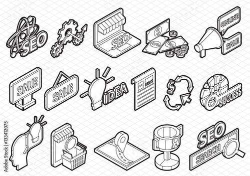 illustration of info graphic seo optimization icons set concept in isometric 3d graphic