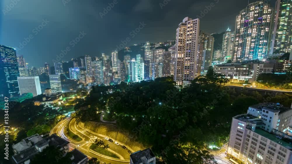 Hong Kong night timelapse. City district. Road lights Hong Kong night timelapse. City district. Road lights