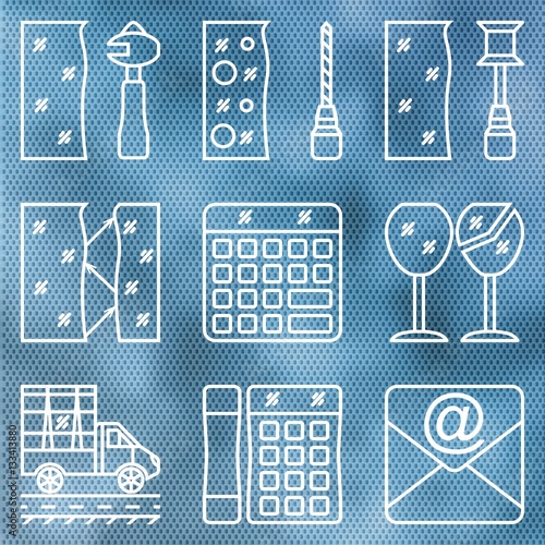 Set contour icons glass processing on the background of corrugated glass. Cutting, grinding and polishing the edges. The cost of glass, glass bonding, transport and contact photo