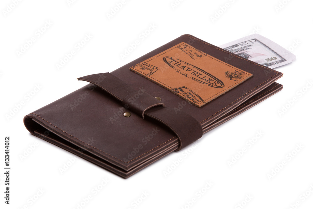 Traveler wallet with money on white background Traveler wallet with money on white background