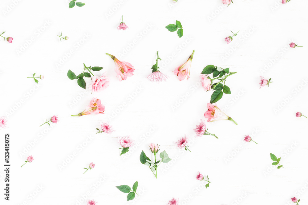 custom made wallpaper toronto digitalFlowers composition. Heart symbol made of pink flowers and leaves. Top view, flat lay