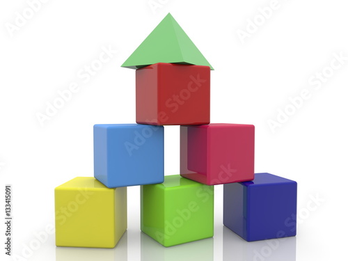 Pyramid of toy cubes with roof on the top