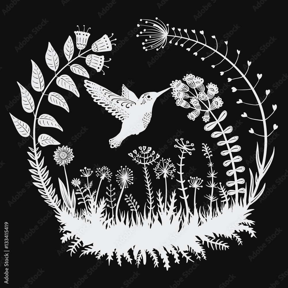 Vector illustration. Stylized hummingbird drinking nectar from the