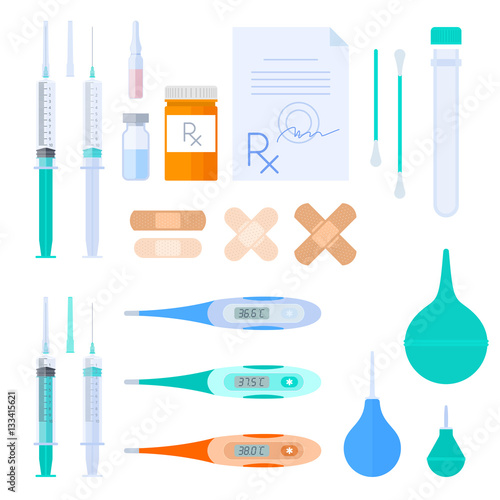Science and medical equipment and accessory set. Vector flat illustration of clinic, hospital and laboratory objects and tools. Isolated on white background. Pharmacy, healthcare elements and symbols.