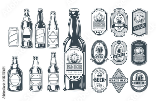 Canvas Print Set of icons beer bottles and label them