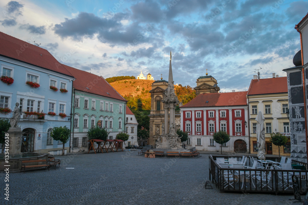 Renaissance square in sunset with the Calvary on the Holy hill, Mikulov,  Czech Republic