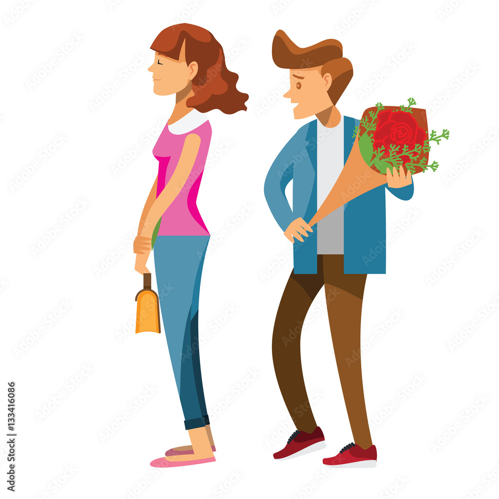 cartoon character,Couple of lovers on a date, young man back who cartoon character,Couple of lovers on a date, young man back who