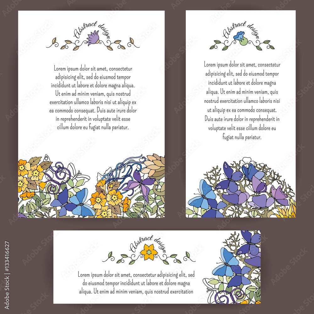 Set of vertical and horizontal banners. Floral abstract ornament with butterflies. Vector design for cards, invitation and other.