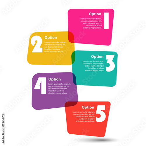 Infographic Template. 5 steps or actions. Colorful stickers in the form of squares of irregular shape. Vector EPS 10