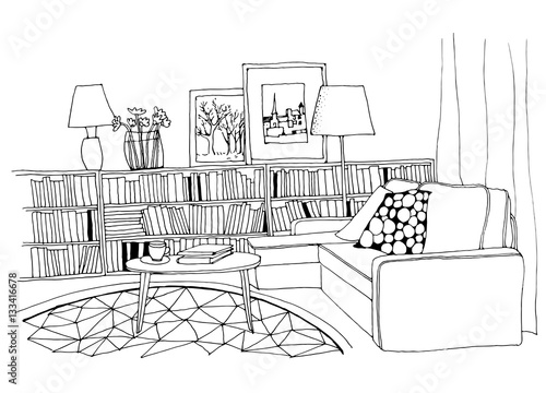 Hand drawn sketch of modern living room interior with a sofa, pillows, small coffee table, bookshelf with a lot of books, lamps, pictures and a vase.