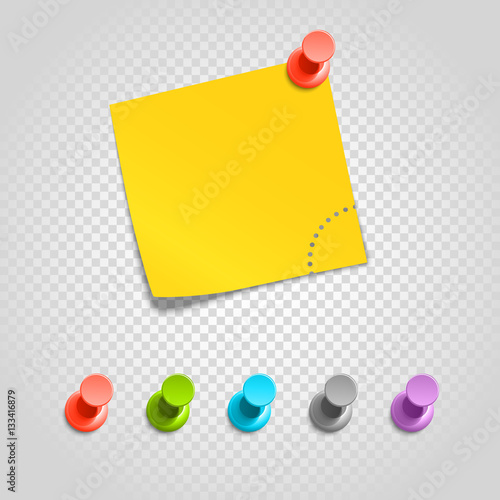 Color pins and paperclip isolated on transparent. Different pins
