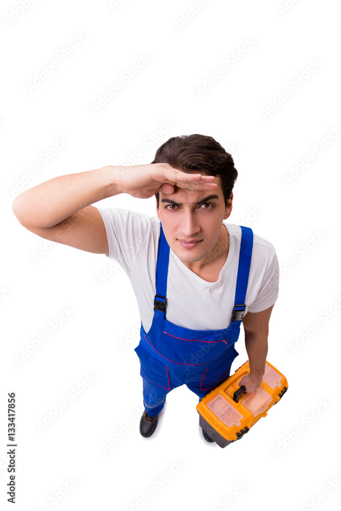 Funny repairman with tools isolated on white Funny repairman with tools isolated on white