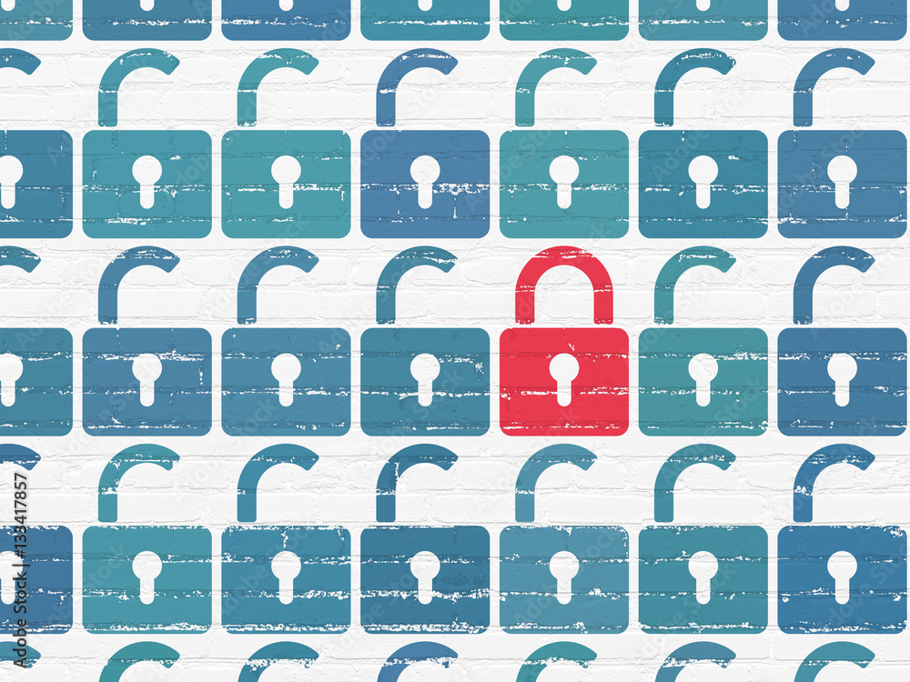 Protection concept: closed padlock icon on wall background Protection concept: closed padlock icon on wall background