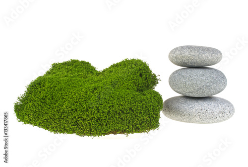 Green moss and spa stones on white background