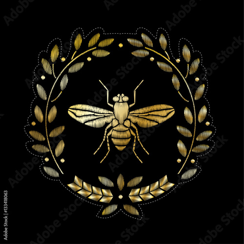 Embroidered coat of arms with a bee, a fly. Insect embroidery. Vector decorative element for embroidery, patches and stickers