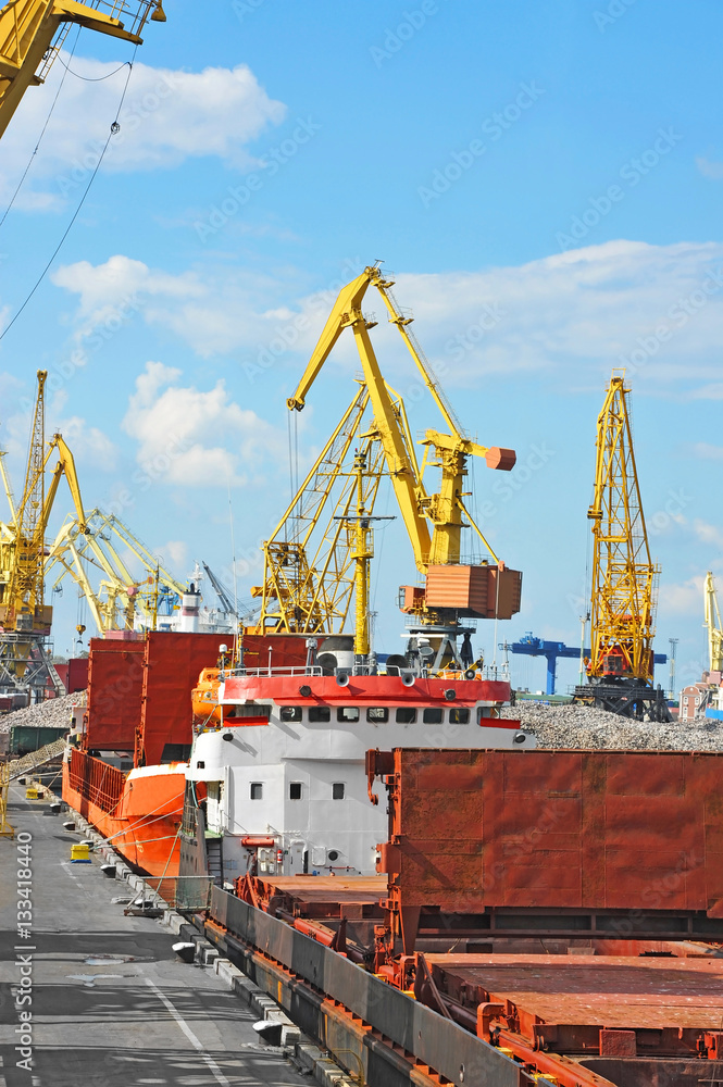 Bulk cargo ship under port crane