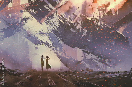 Fotografija man and woman standing against collapsing buildings city,illustration painting