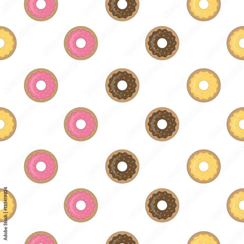 Fototapeta premium Colorful donuts with glaze and sprinkles. Seamless pattern.