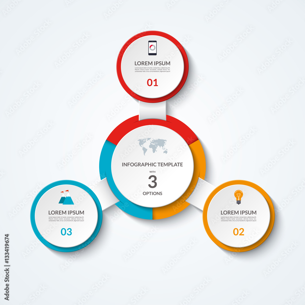 Infographic diagram with 3 options. Vector template what can be used as circular chart, numbered banner, workflow layout, graph, report, presentation, web design. Infographic diagram with 3 options. Vector template what can be used as circular chart, numbered banner, workflow layout, graph, report, presentation, web design.