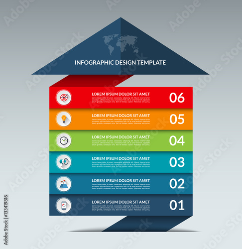 Infographic arrow design template. Business growth concept banner with 6 options, parts, stages. Can be used for web, diagram, graph, chart, report, step by step infographics. Vector background