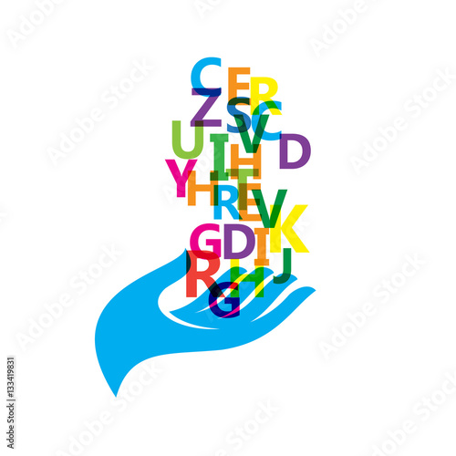 Teaching and Learning. Hand with letters flying. Vector abstract