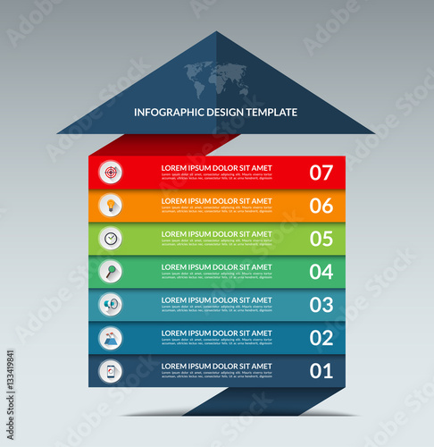 Infographic arrow design template. Business growth concept banner with 7 options, parts, stages. Can be used for web, diagram, graph, chart, report, step by step infographics. Vector background