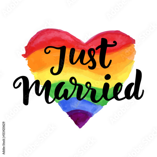 Just Married phrase on bright watercolor rainbow heart