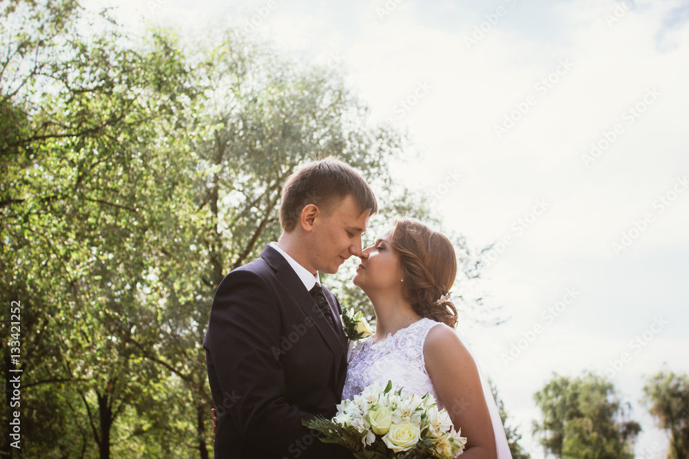portrait of a couple bride and groom on park background portrait of a couple bride and groom on park background