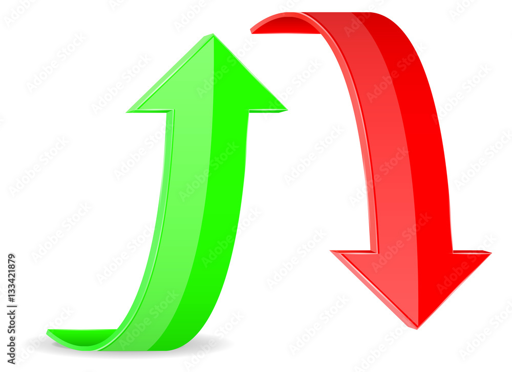 Green and red arrows. Up and down web 3d icons Green and red arrows. Up and down web 3d icons