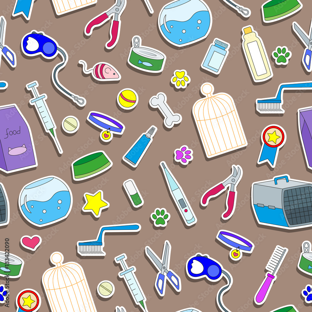 Seamless background on the topic of pet care, pet shop, simple colored icons on a brown background Seamless background on the topic of pet care, pet shop, simple colored icons on a brown background