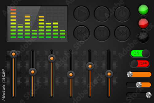 Equalizer media buttons set. Black and orange collection