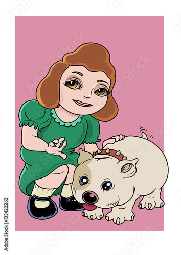 A little girl stroking her dog over a pink background. Vector Illustration