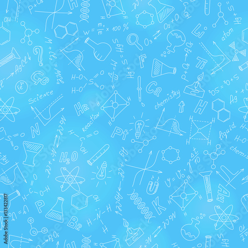 Seamless pattern with formulas,graphs, and equipment as the subject of chemistry with light markers on blue  background