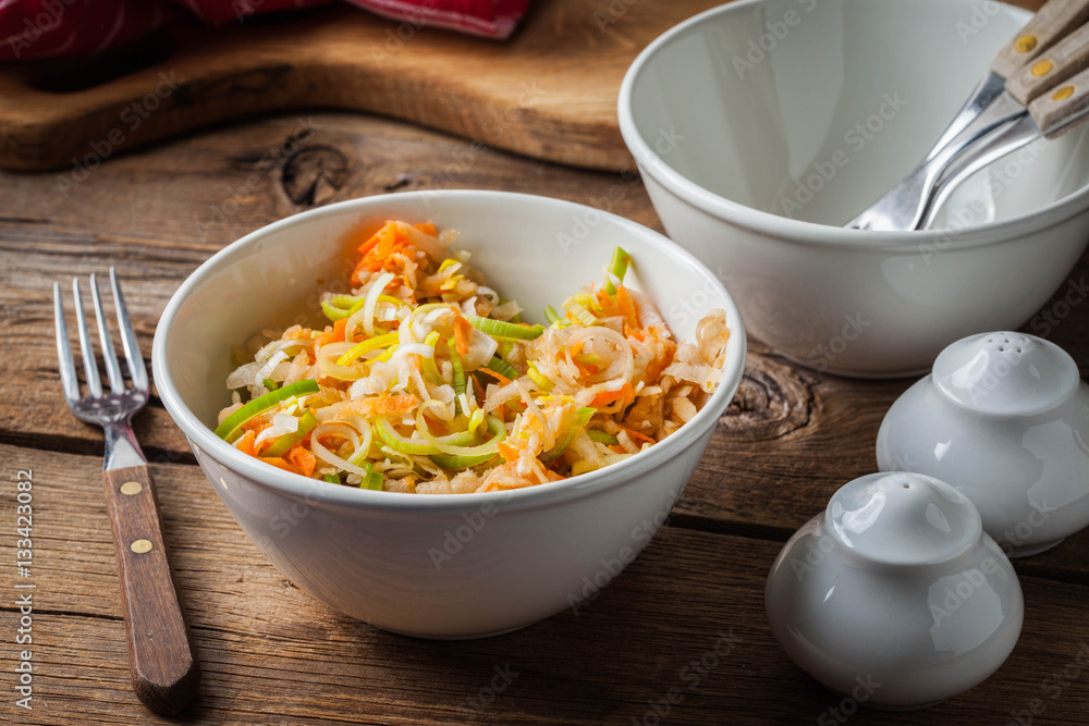 Salad with leek, carrots and apples. Salad with leek, carrots and apples.
