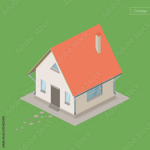 Isometric view country house. Game design. Cottage on green background with grass and stone. Vector illustration.