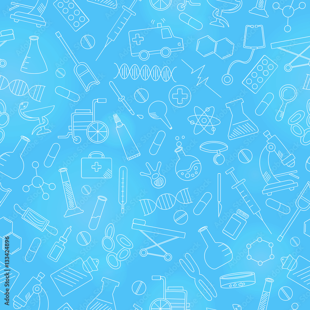 Seamless pattern with hand drawn icons on a theme medicine and health, white contour on blue background Seamless pattern with hand drawn icons on a theme medicine and health, white contour on blue background