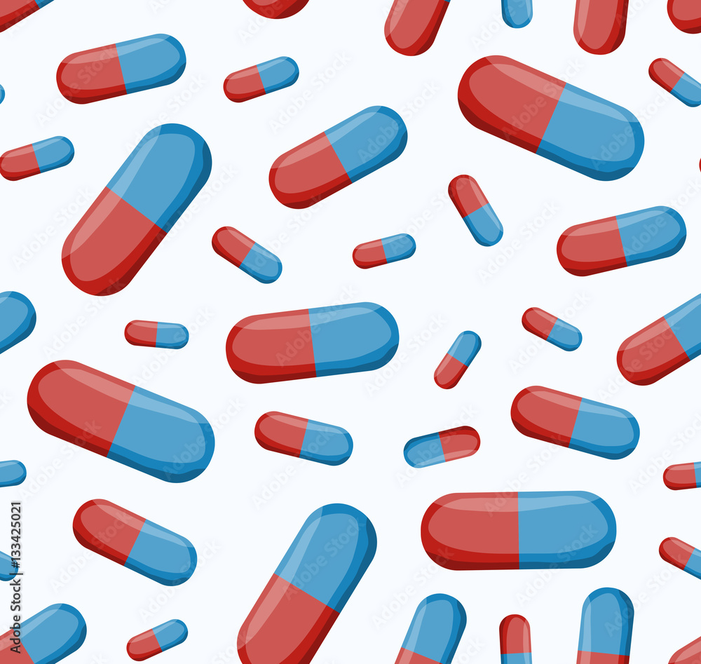 Vector cartoon seamless pattern with medical pills for gift wrapping paper, covering and branding on the white background. Concept of healthcare and medicine. Vector cartoon seamless pattern with medical pills for gift wrapping paper, covering and branding on the white background. Concept of healthcare and medicine.