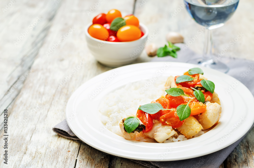 Tomato basil cod with rice Tomato basil cod with rice