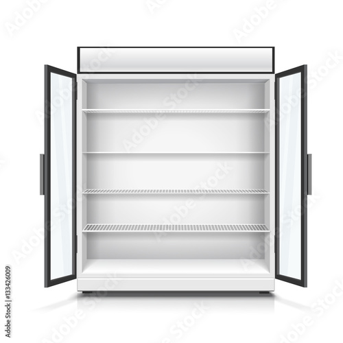 Empty commercial fridge with shelves and opened doors. Realistic isolated vector illustration