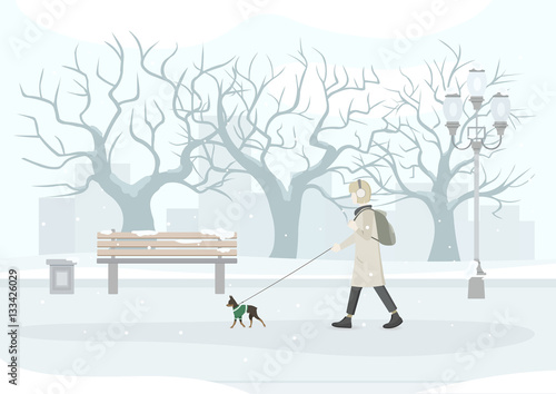 Woman walking her dog (Russian Toy-Terrier) in park. Snow covered park and city view. Vector Illustration.