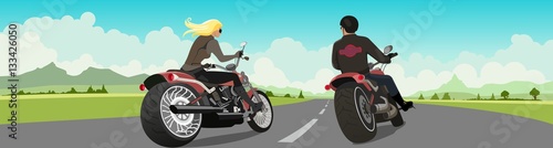 Adventurous motorcycle riders, green nature