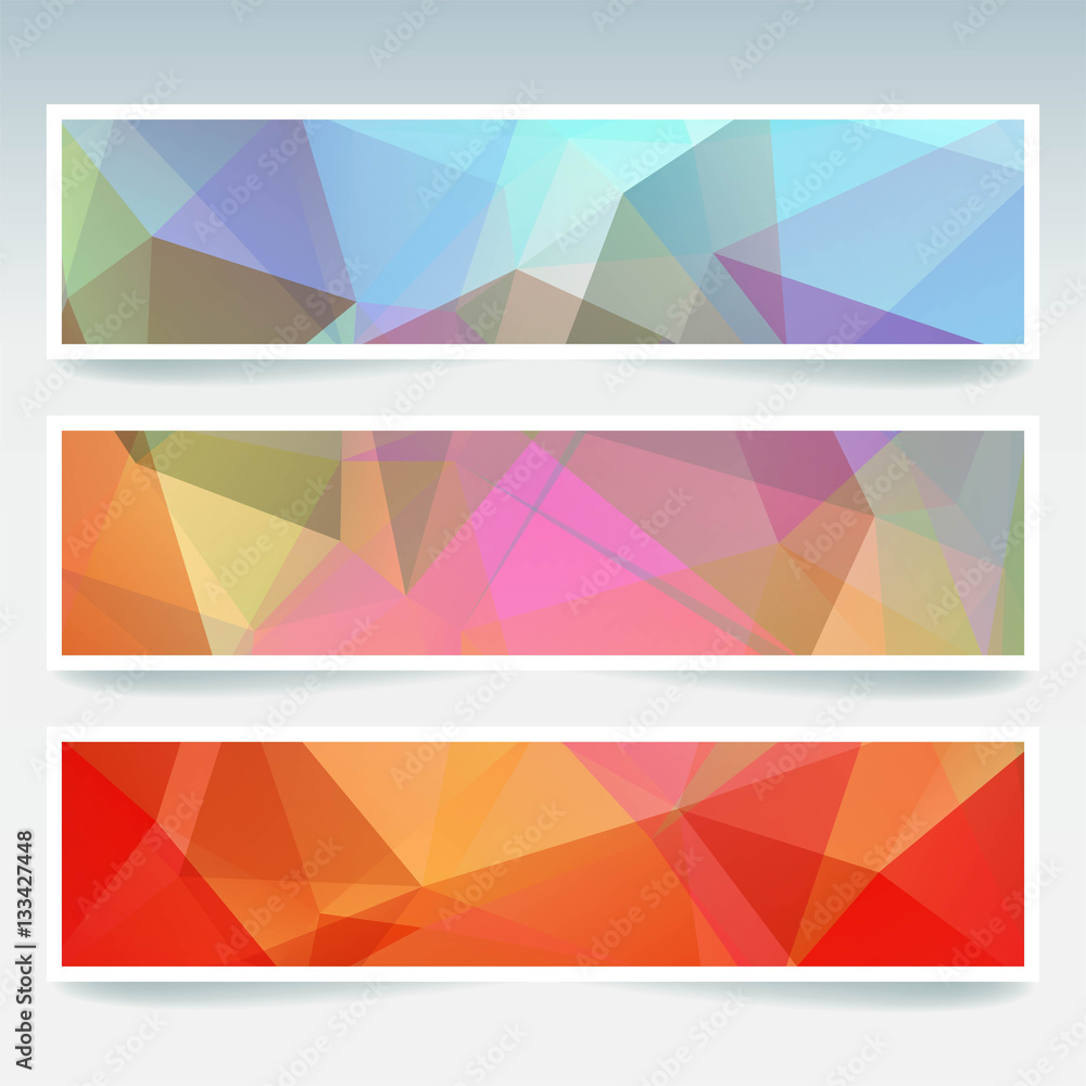 Abstract banner with business design templates. Set of Banners with polygonal mosaic backgrounds. Geometric triangular vector illustration. Blue, red, pink, yellow colors. Abstract banner with business design templates. Set of Banners with polygonal mosaic backgrounds. Geometric triangular vector illustration. Blue, red, pink, yellow colors.